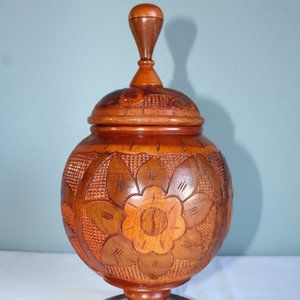 Vintage Hand Turned Carved Solid Wood Pedestal Vase With Lid 14" Tall